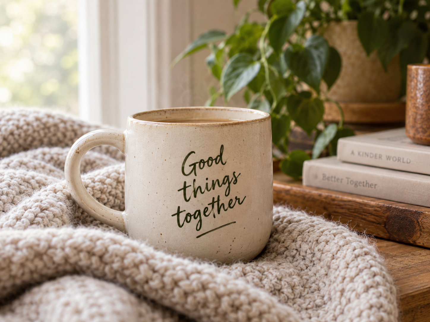 A mug that reads Good Things Together on a chunky knit blanket.