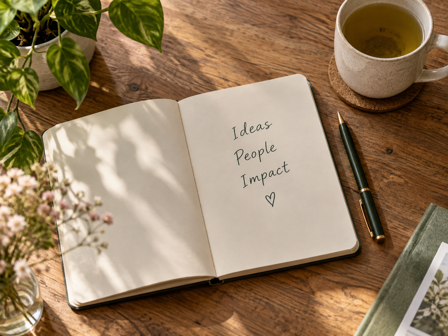 A notebook with the words Ideas, People, and Impact beside a pen and a small plant.