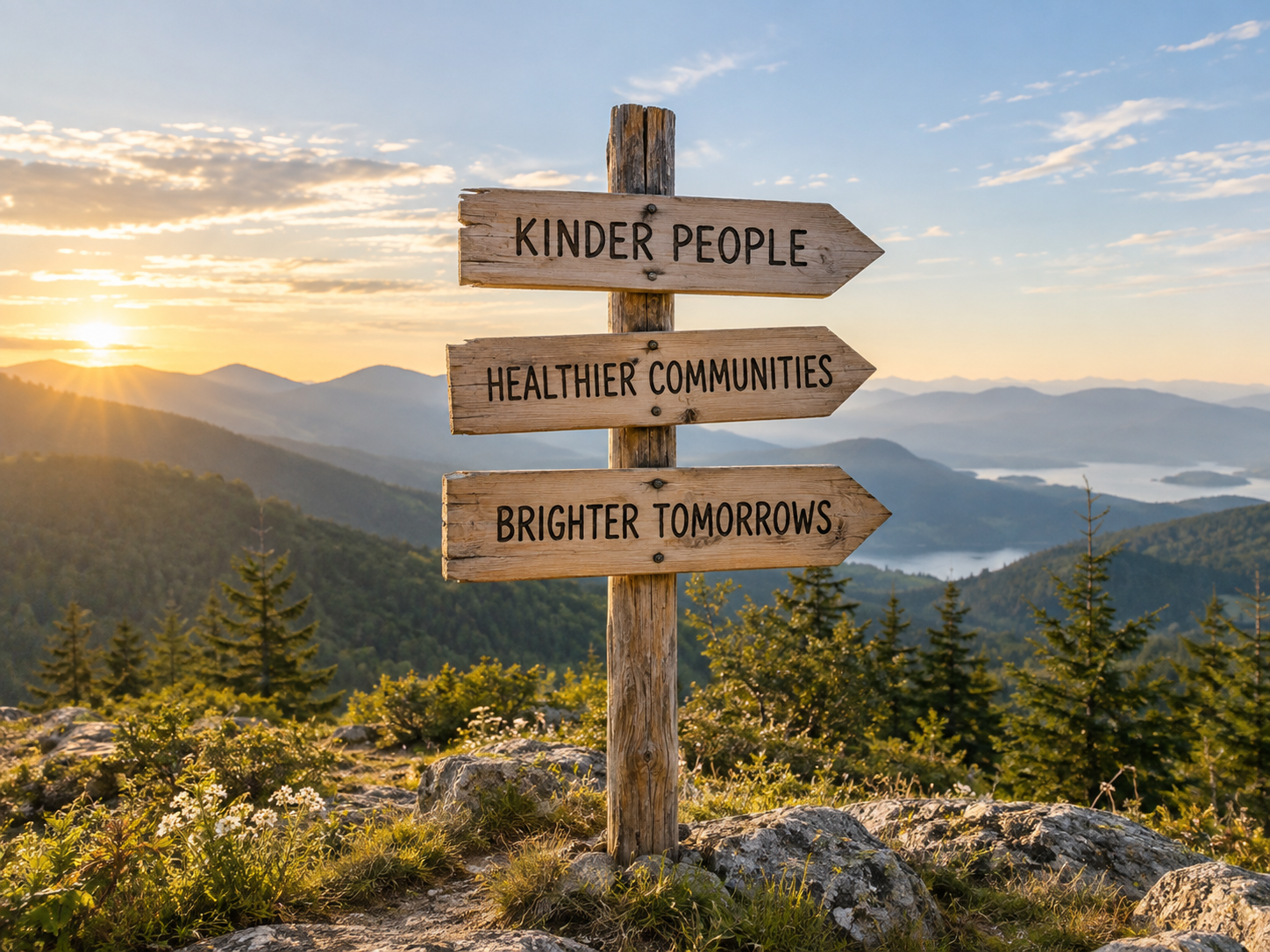 A wooden signpost in the mountains reading Kinder People, Healthier Communities, and Brighter Tomorrows.