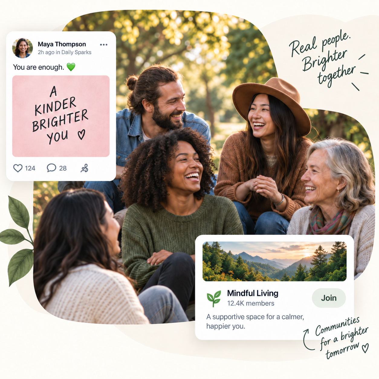 A diverse, multigenerational group connecting in a sunlit community garden, with example Junction posts and a Mindful Living community card.